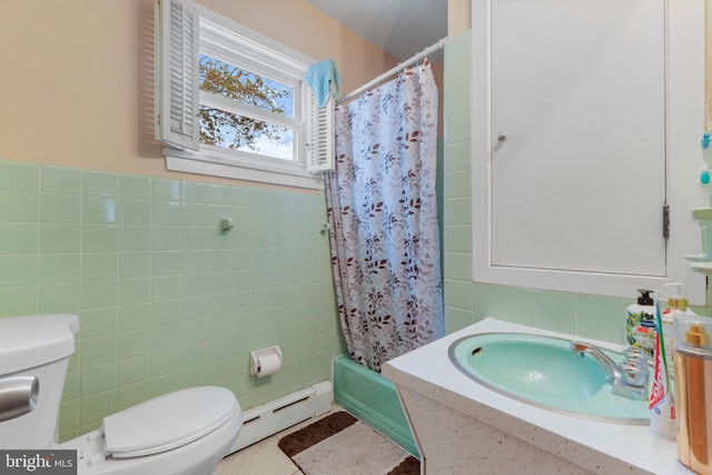 bathroom featuring shower / bath combination with curtain, toilet, tile walls, and a baseboard radiator