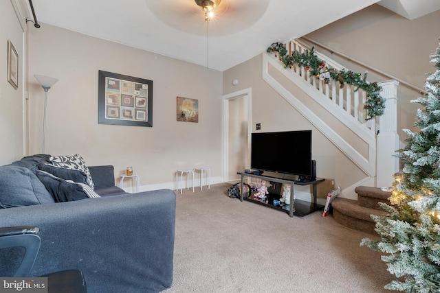 69 Reed Ave, Hamilton, NJ 08610 - living room featuring carpet flooring, stairway, a ceiling fan, and baseboards