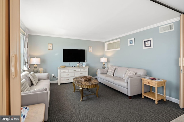 carpeted living room featuring crown molding