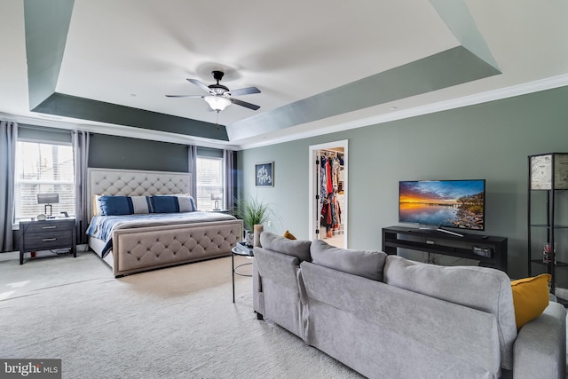 bedroom featuring light carpet, a tray ceiling, and a walk in closet