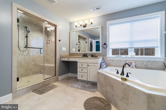 bathroom featuring visible vents, baseboards, vanity, a shower stall, and a bath