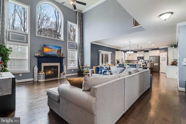 living area featuring ornamental molding, dark wood-style flooring, a lit fireplace, and a towering ceiling