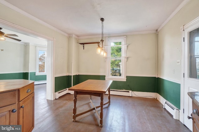 dining space featuring dark hardwood / wood-style floors, crown molding, baseboard heating, and a healthy amount of sunlight