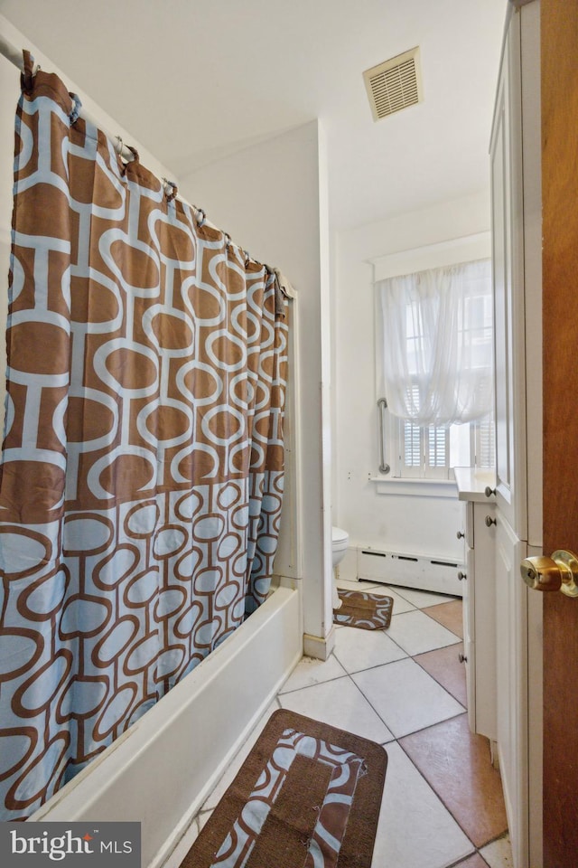 bathroom with baseboard heating, tile patterned floors, shower / bathtub combination with curtain, and toilet