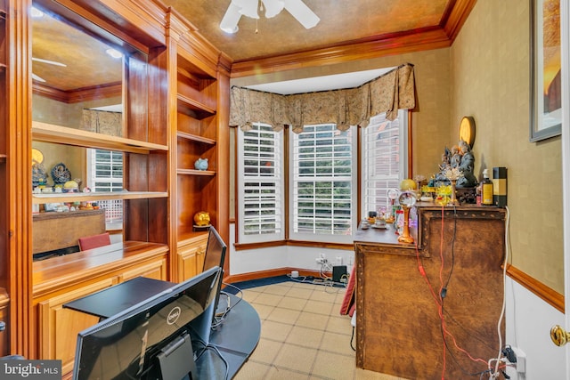 7238 Farr St, Annandale, VA 22003 - home office with crown molding, ceiling fan, and baseboards