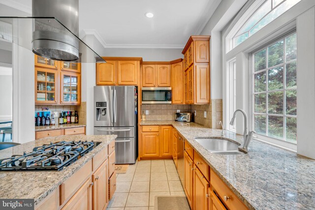 7238 Farr St, Annandale, VA 22003 - kitchen featuring stainless steel appliances, a sink, light stone counters, backsplash, and ornamental molding