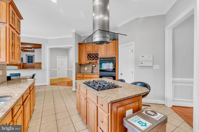 7238 Farr St, Annandale, VA 22003 - kitchen featuring black appliances, light tile patterned floors, backsplash, light stone countertops, and ornamental molding