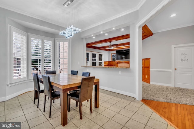 7238 Farr St, Annandale, VA 22003 - dining area featuring a chandelier, ornamental molding, light tile patterned floors, baseboards, and recessed lighting