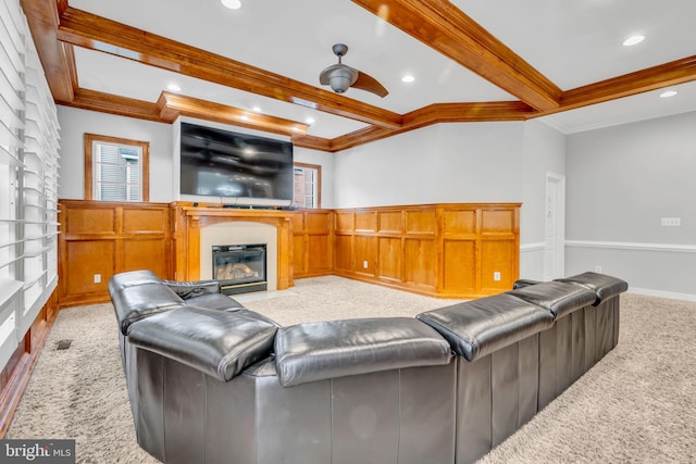 7238 Farr St, Annandale, VA 22003 - living room featuring a glass covered fireplace, ornamental molding, beam ceiling, a ceiling fan, and recessed lighting