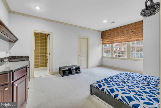 7238 Farr St, Annandale, VA 22003 - bedroom featuring a sink, carpet floors, crown molding, recessed lighting, and baseboards