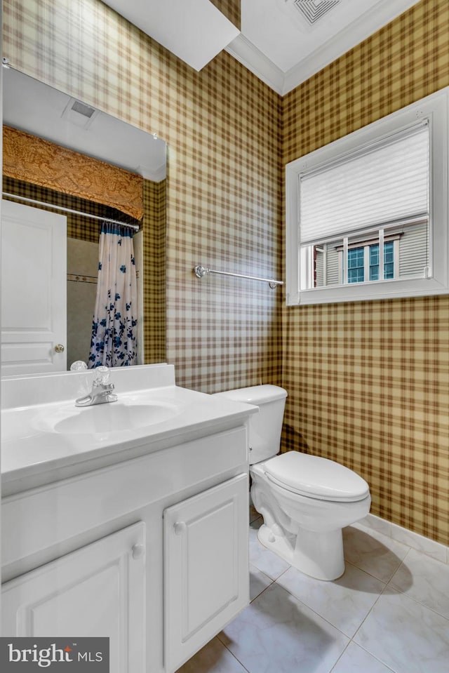 7238 Farr St, Annandale, VA 22003 - full bath with toilet, vanity, tile patterned floors, and a shower with curtain