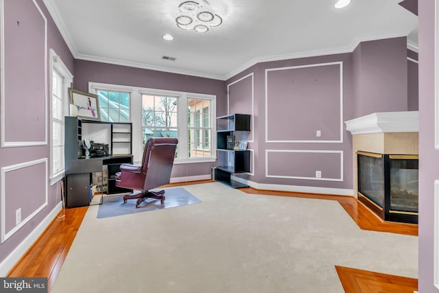 7238 Farr St, Annandale, VA 22003 - home office with a multi sided fireplace, crown molding, wood finished floors, baseboards, and recessed lighting