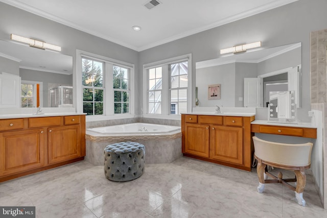 7238 Farr St, Annandale, VA 22003 - bathroom with a shower stall, a garden tub, crown molding, and two vanities