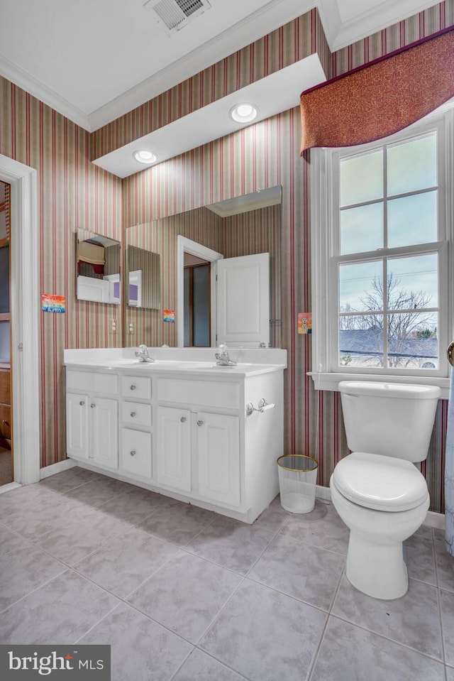 7238 Farr St, Annandale, VA 22003 - bathroom featuring wallpapered walls, vanity, toilet, baseboards, and crown molding
