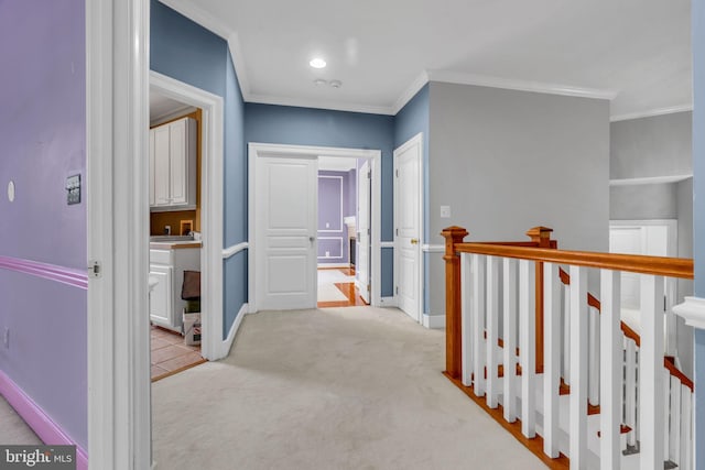 7238 Farr St, Annandale, VA 22003 - hallway with an upstairs landing, ornamental molding, carpet flooring, and baseboards