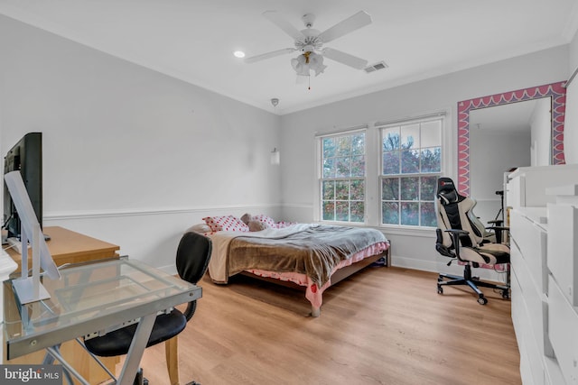7238 Farr St, Annandale, VA 22003 - bedroom with light wood-type flooring, ornamental molding, baseboards, and a ceiling fan
