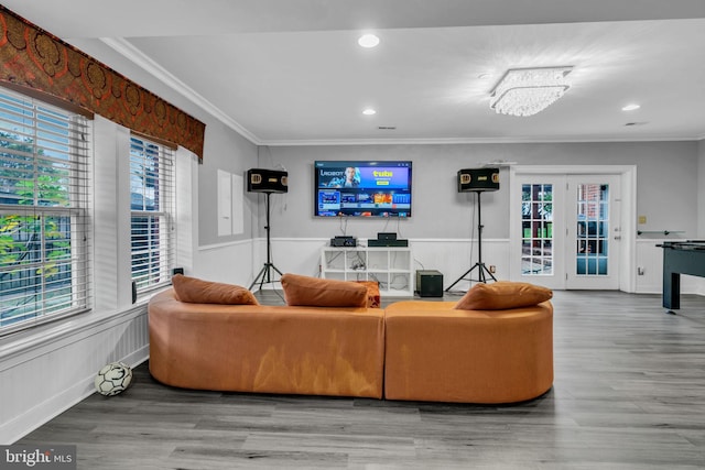 7238 Farr St, Annandale, VA 22003 - living room with ornamental molding, wood finished floors, a wainscoted wall, and recessed lighting