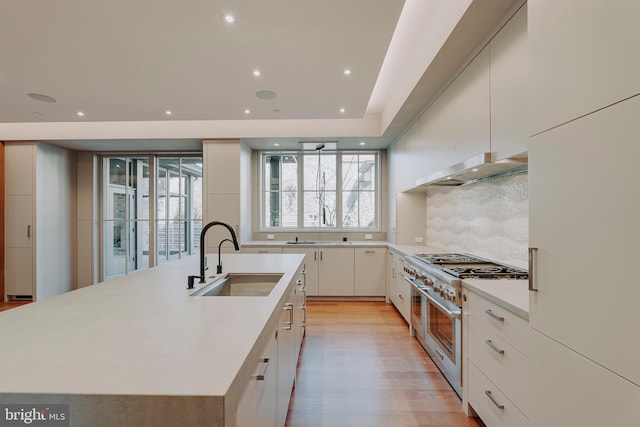 kitchen with decorative backsplash, sink, range with two ovens, white cabinetry, and a large island