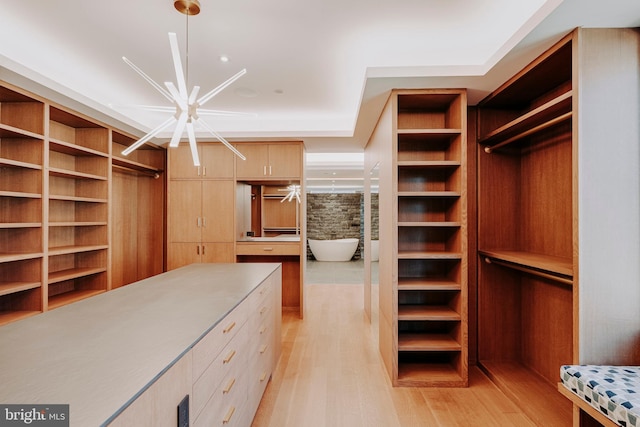 walk in closet with light hardwood / wood-style flooring and a notable chandelier