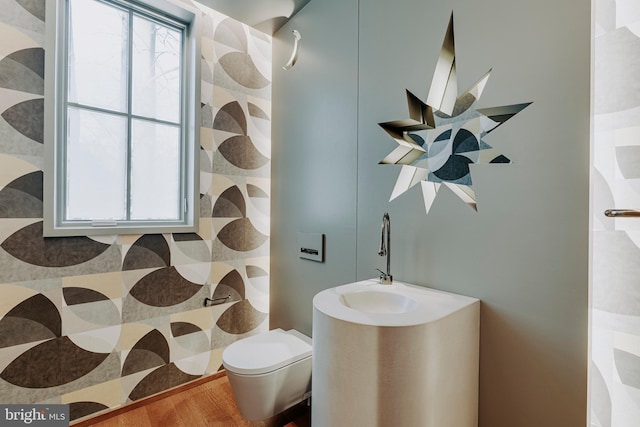 bathroom featuring hardwood / wood-style flooring and toilet