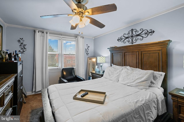 bedroom featuring dark carpet, ceiling fan, and crown molding