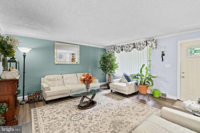 living room with a textured ceiling, hardwood / wood-style flooring, and ornamental molding