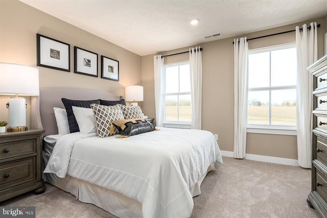 carpeted bedroom with multiple windows