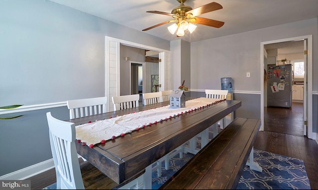 dining room featuring ceiling fan and dark hardwood / wood-style flooring