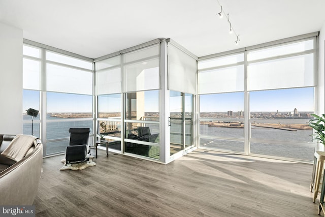 sunroom / solarium with a water view, rail lighting, and a wealth of natural light