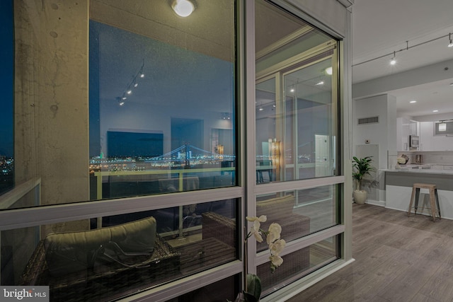 interior space featuring wood-type flooring and rail lighting