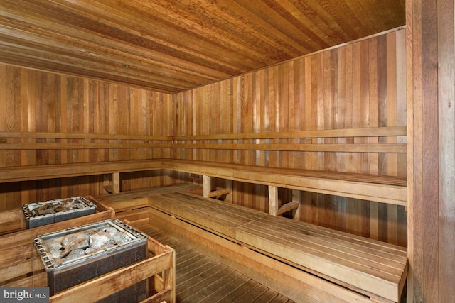 view of sauna featuring hardwood / wood-style floors