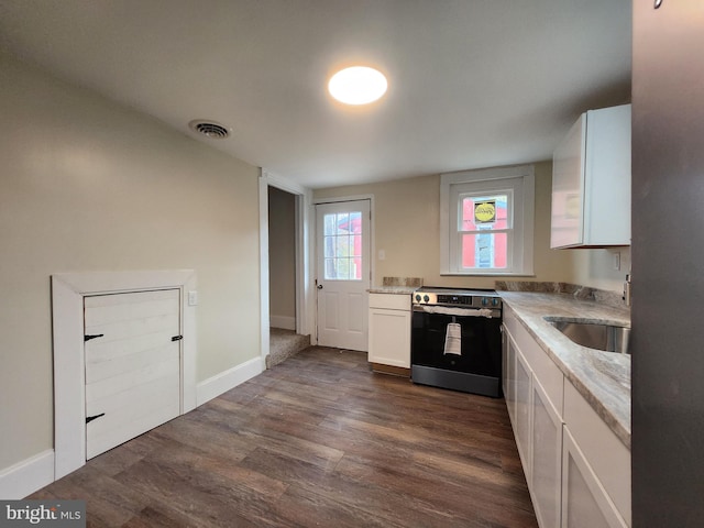 kitchen with white cabinets, sink, dark hardwood / wood-style floors, and electric stove