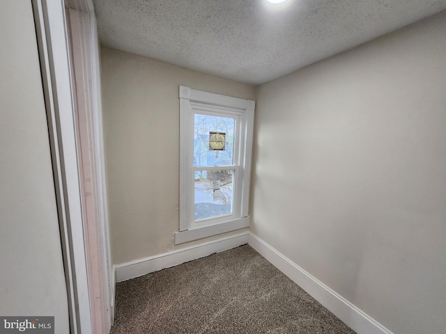 interior details with carpet and a textured ceiling