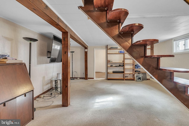 basement with light carpet