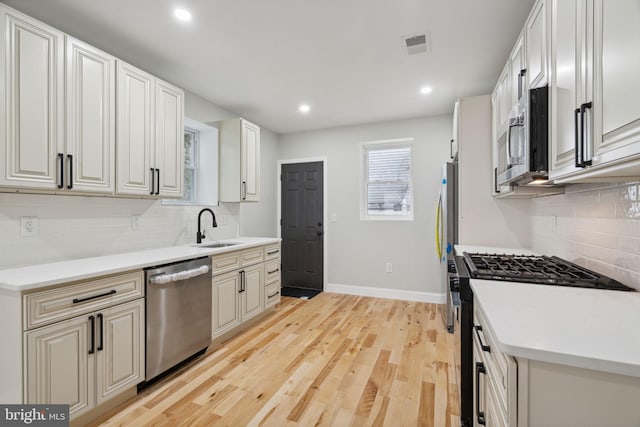 kitchen featuring backsplash, white cabinets, sink, appliances with stainless steel finishes, and light hardwood / wood-style floors