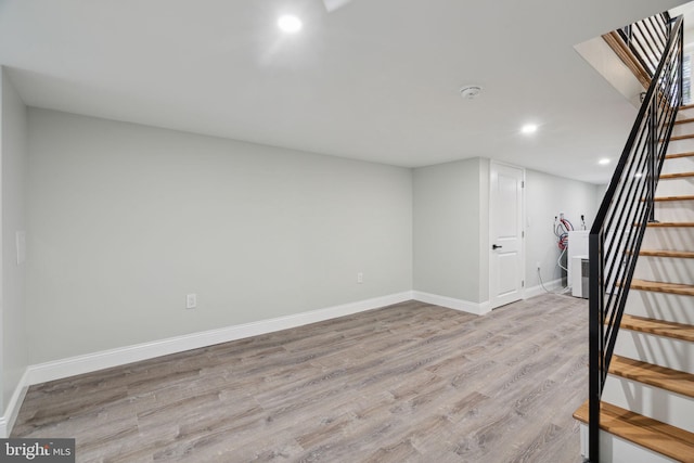 3013 Wharton St, Philadelphia, PA 19146 - finished below grade area featuring stairs, light wood-style flooring, recessed lighting, and baseboards