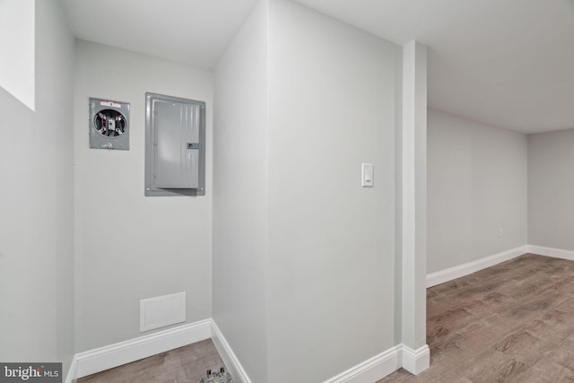 3013 Wharton St, Philadelphia, PA 19146 - hallway with electric panel, wood finished floors, and baseboards