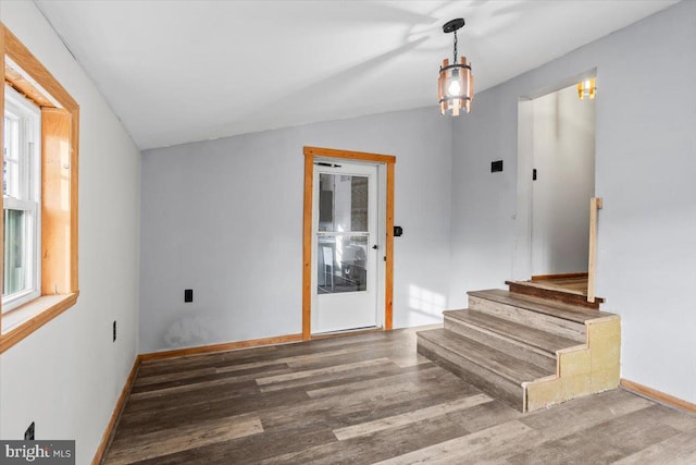 foyer featuring a healthy amount of sunlight, vaulted ceiling, and wood-type flooring