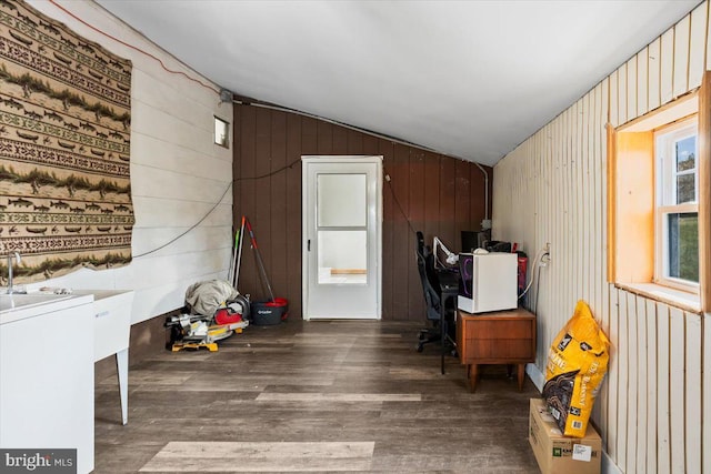 interior space featuring dark hardwood / wood-style floors, wooden walls, and vaulted ceiling