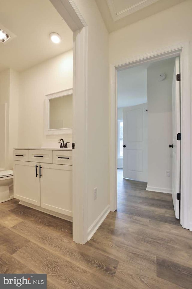 interior space with vanity, hardwood / wood-style flooring, and toilet