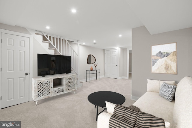 living room featuring light colored carpet