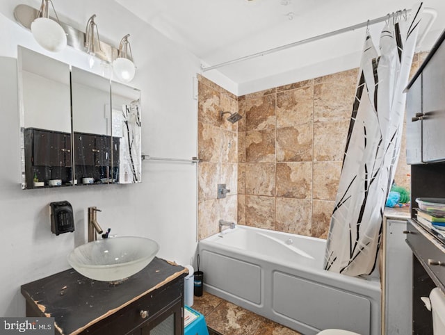 bathroom featuring shower / bath combination with curtain and vanity