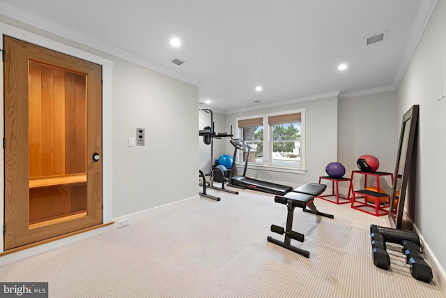 workout area with carpet and ornamental molding