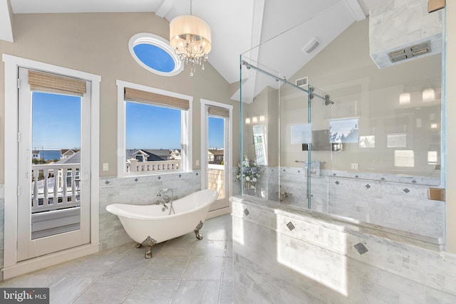 bathroom with vaulted ceiling with beams, tile walls, independent shower and bath, and a notable chandelier