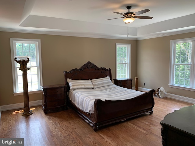 bedroom featuring ceiling fan, light wood-type flooring, a tray ceiling, and multiple windows