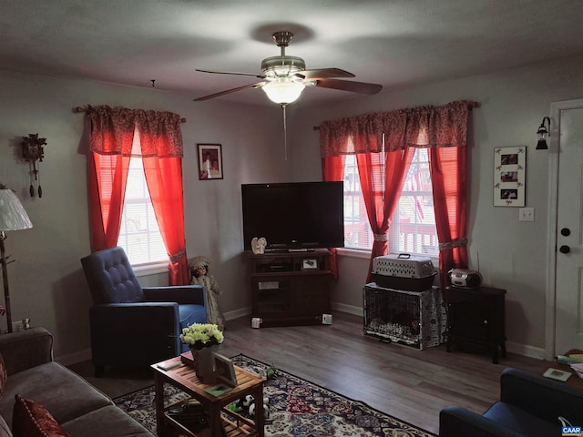 living room featuring hardwood / wood-style flooring, plenty of natural light, and ceiling fan