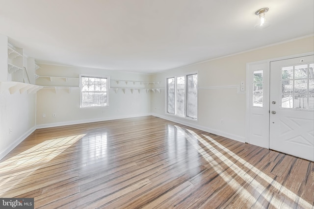 foyer featuring light hardwood / wood-style floors, a wealth of natural light, and ornamental molding