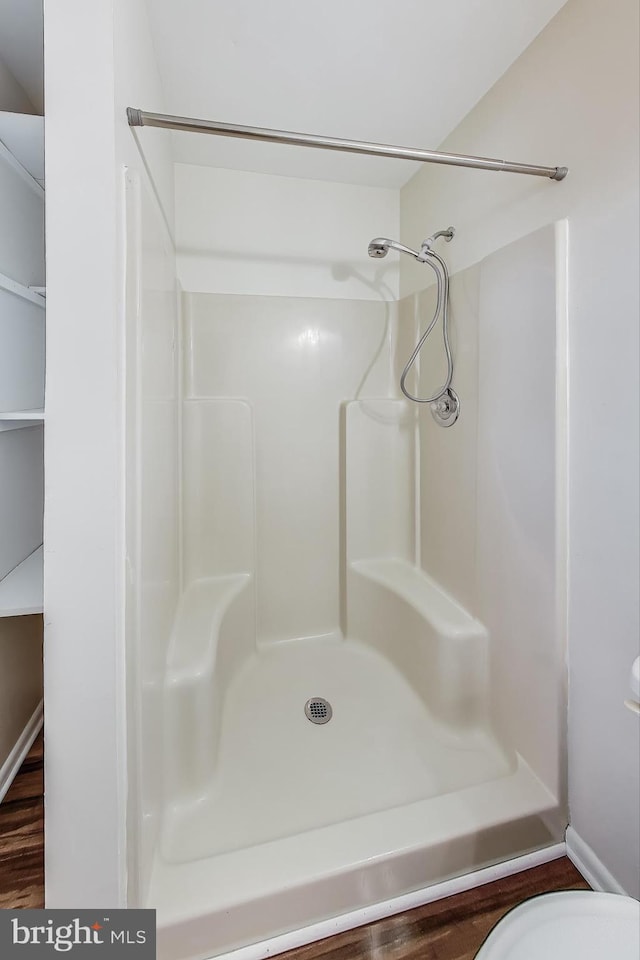 bathroom with hardwood / wood-style flooring and a shower