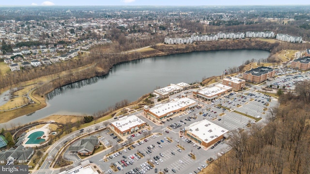 drone / aerial view with a water view