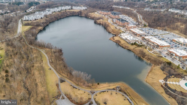 drone / aerial view with a water view